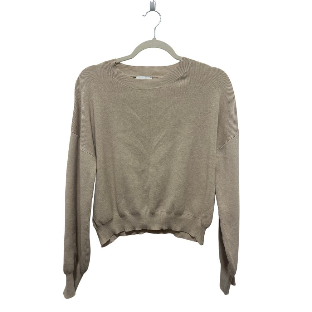 Pink Rose Recycled Scoop Neck Fall Balloon Sleeve Tan Lightweight Sweater Large